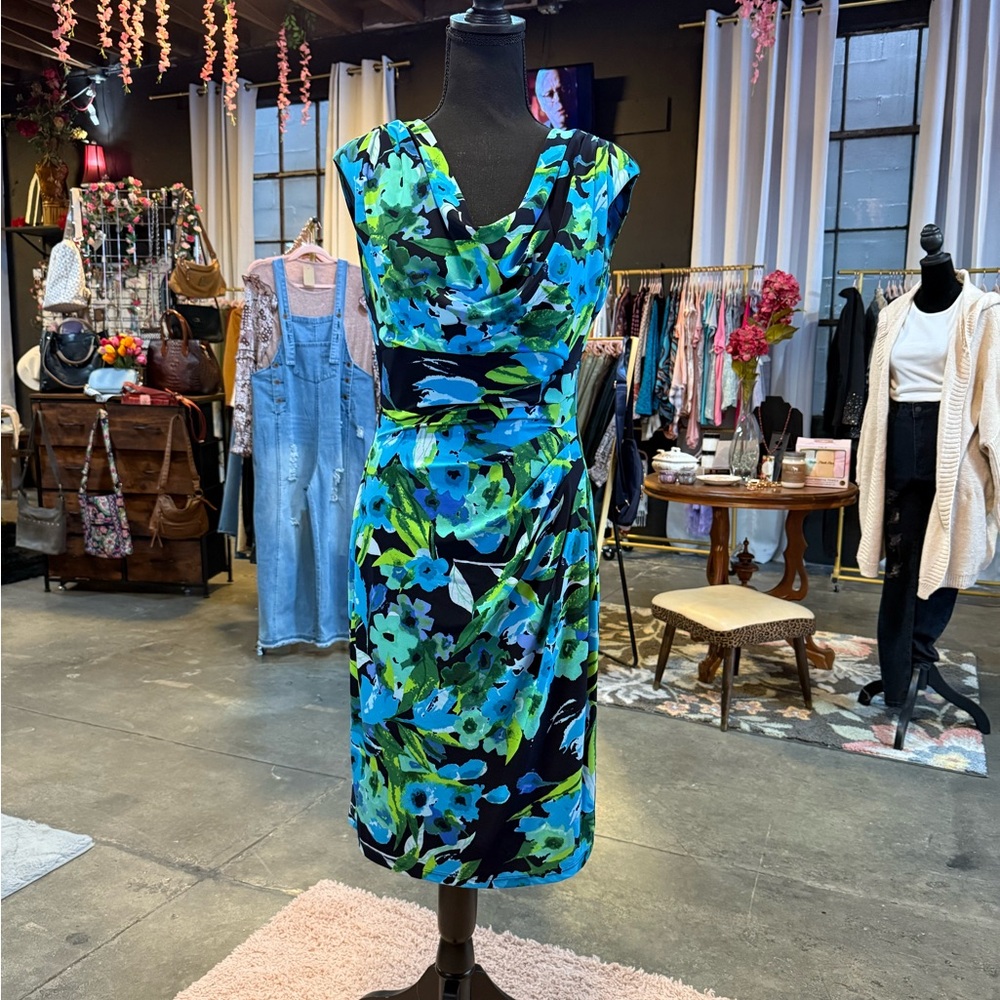 Joe & Elle Blue and Green Asymmetrical Sheath Dress